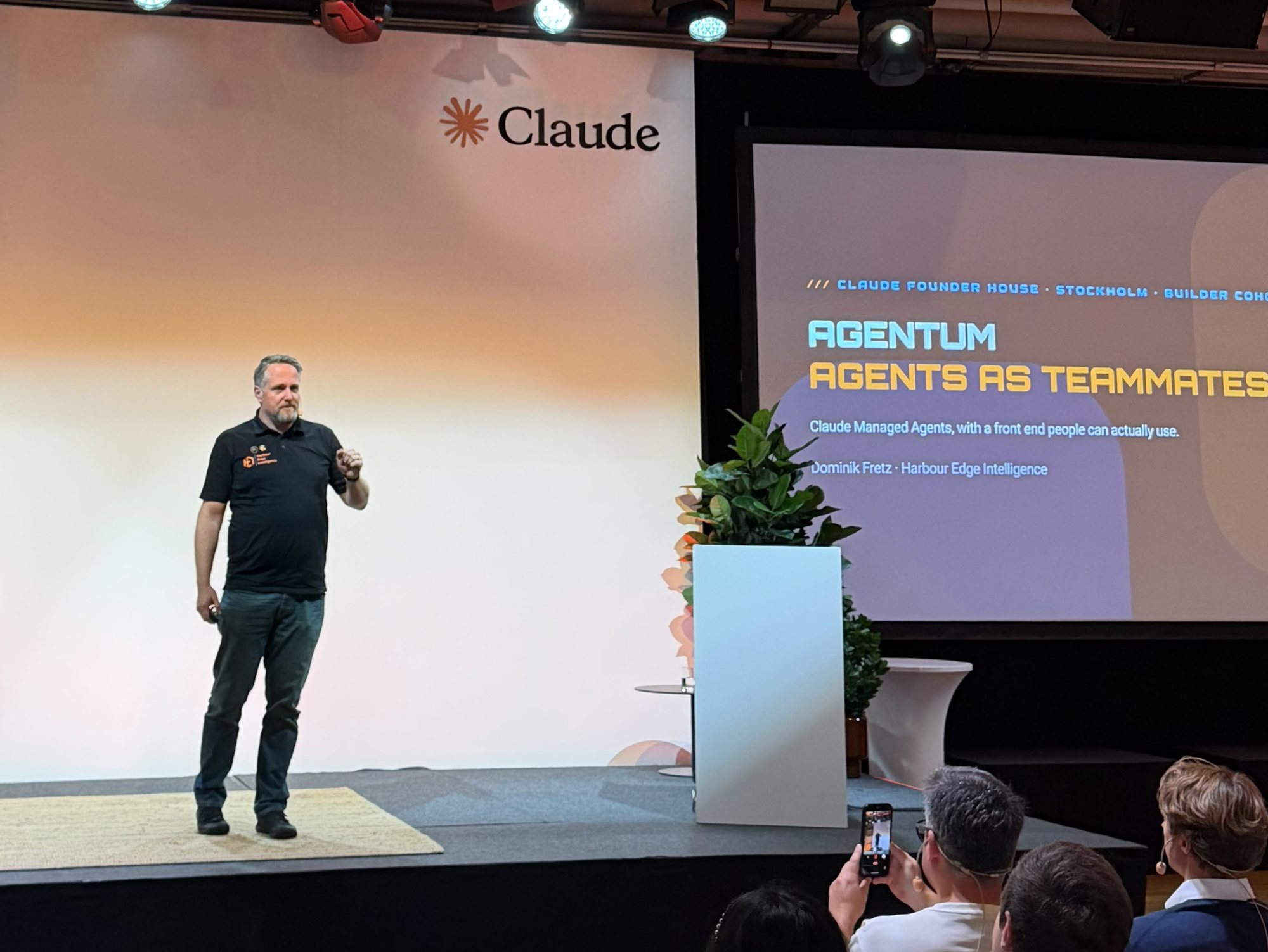 Dom Fretz on stage at Claude Founder House, Stockholm, October 2026